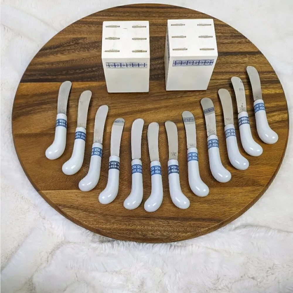 Vintage Blue & White Ceramic Handle 12 Spreader Knives w/ Wood Block, Taiwan